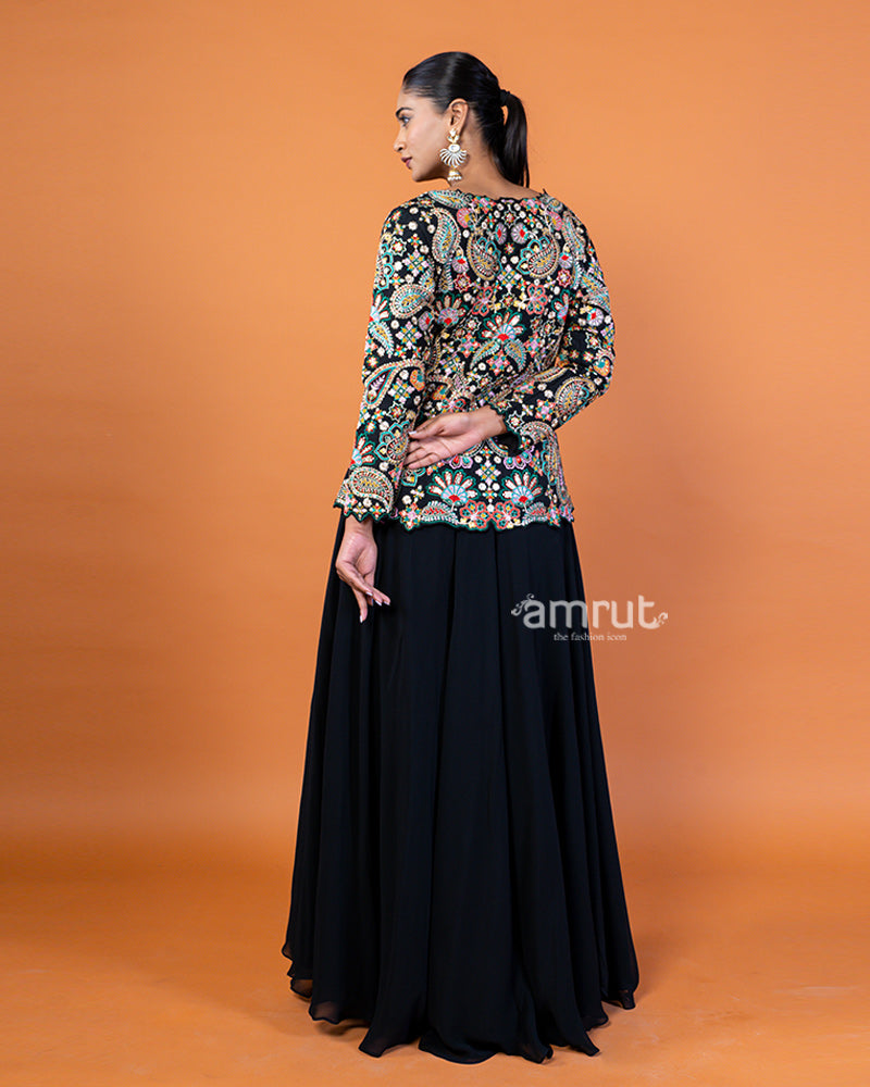 Black Embroidered Plum Top with Flowing Sharara Pants