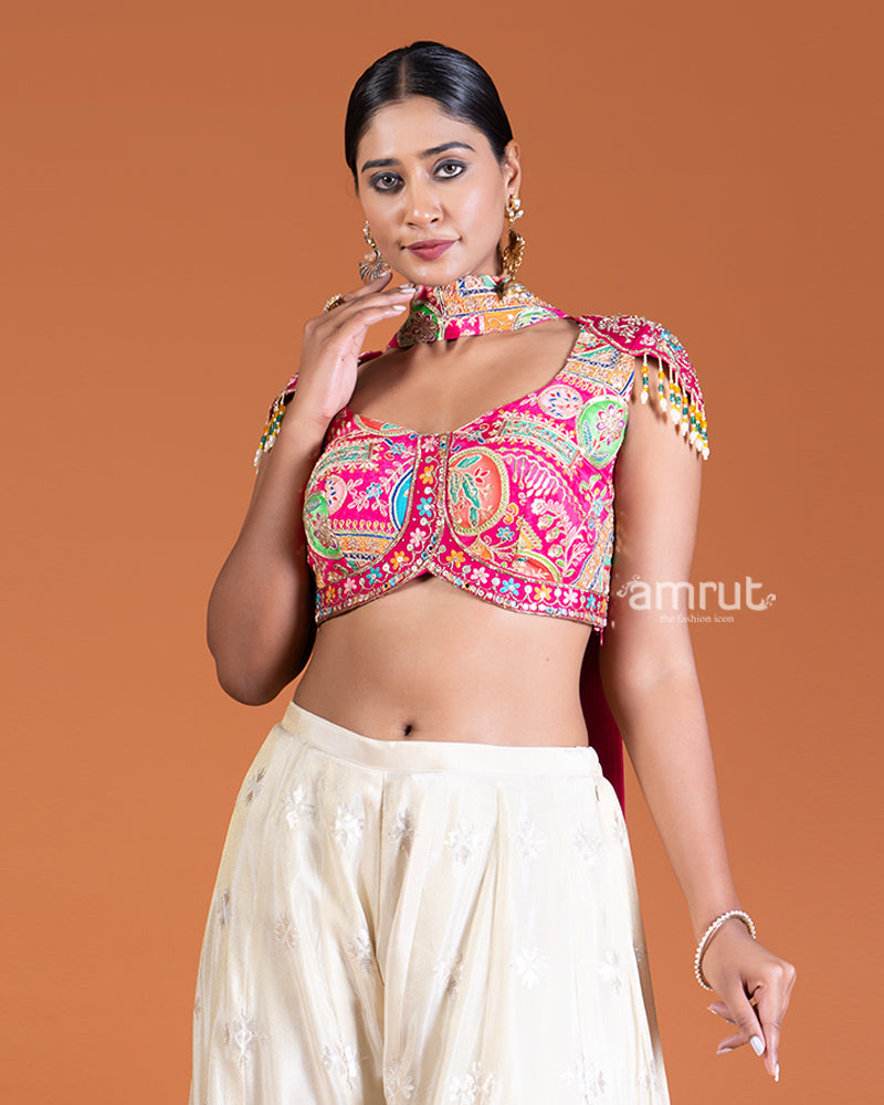 Magenta Crop Top with Embroidered Palazzo Pants and Choker Dupatta