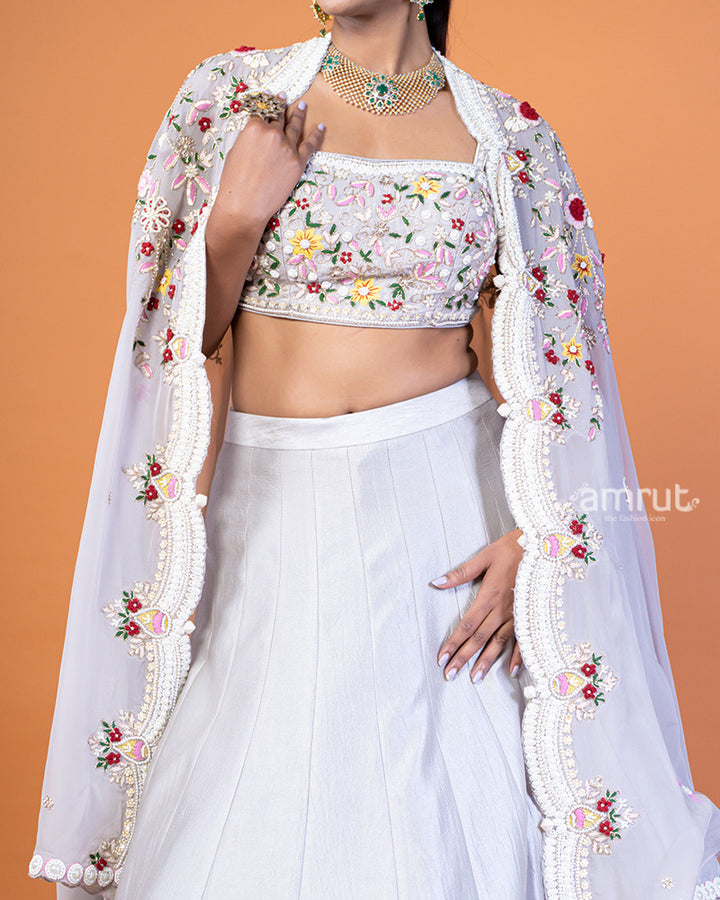 Light Gray Embroidered Lehenga Choli and Shrug Style Floral Lace Dupatta