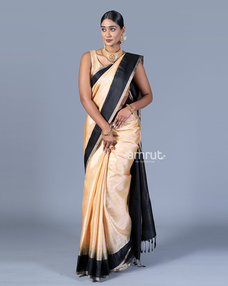 Light Peach with Black Borders and Striped Pattern Saree with Unstitched Blouse