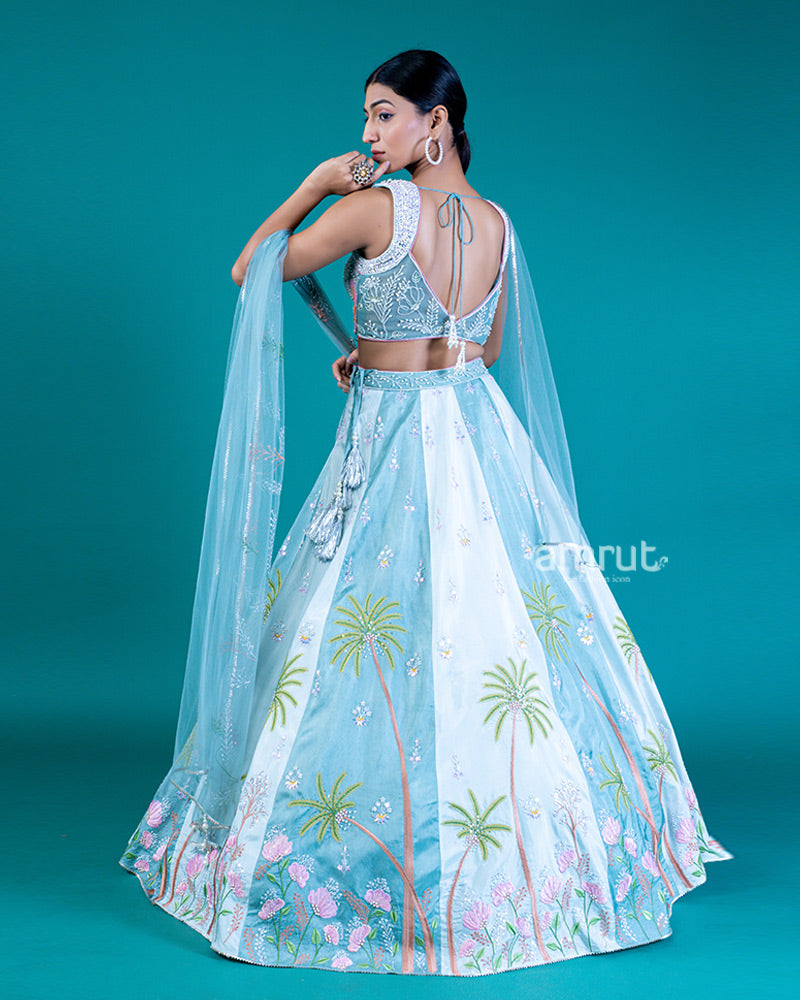 Embellished Crop Top with Sweetheart Neckline and Layered Lehenga in White and Light Teal