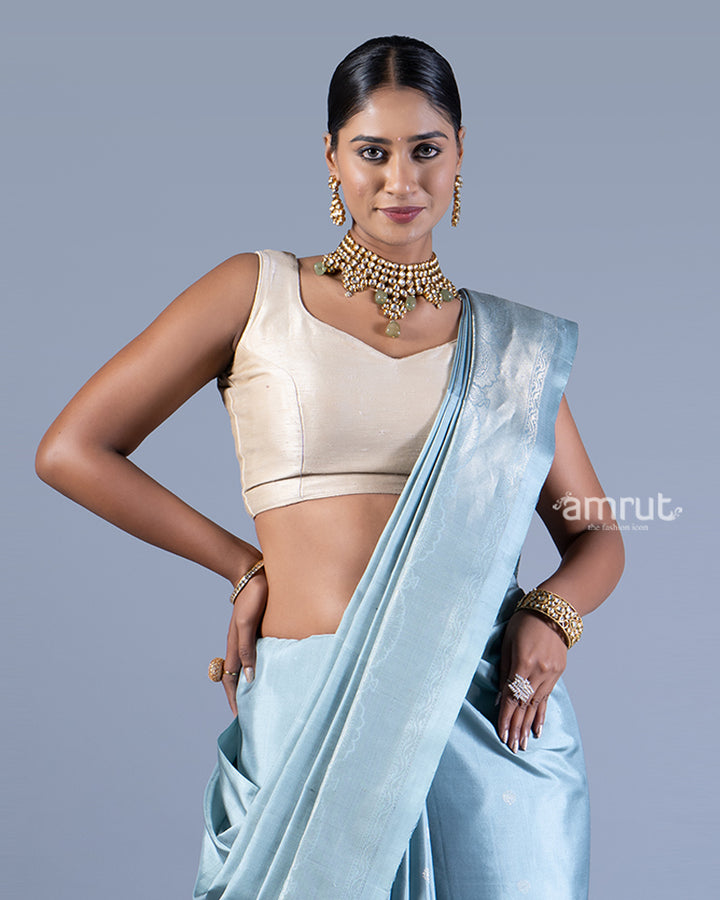 Grayish-Blue with Silver Zari Woven Embellished Silk Saree with unstitched blouse