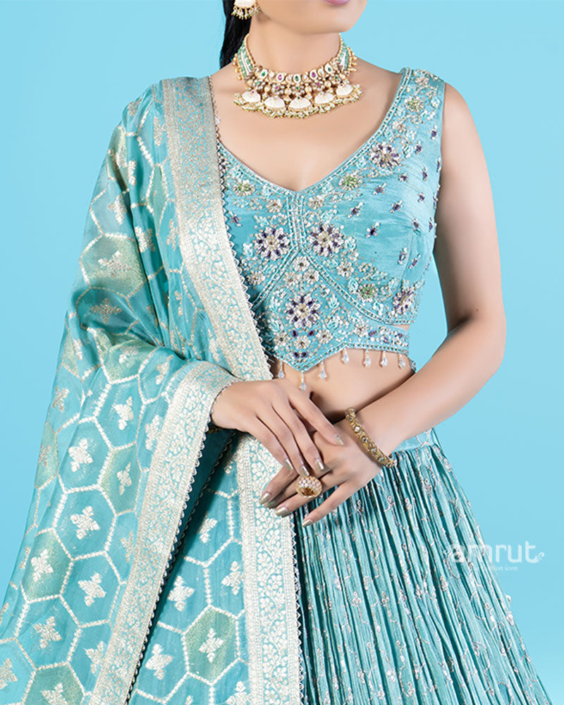 Teal Floral Embroidered Lehenga Choli with Hexagonal Pattern Dupatta