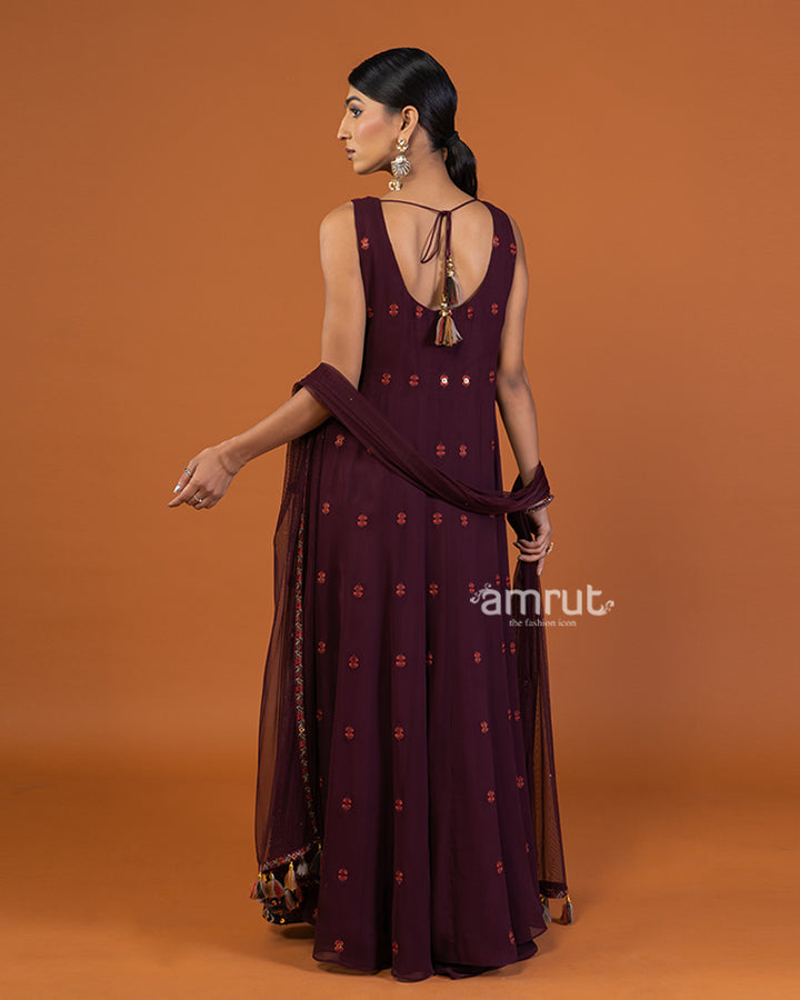 Maroon Floral Embroidered Kurti with Palazzo and Dupatta