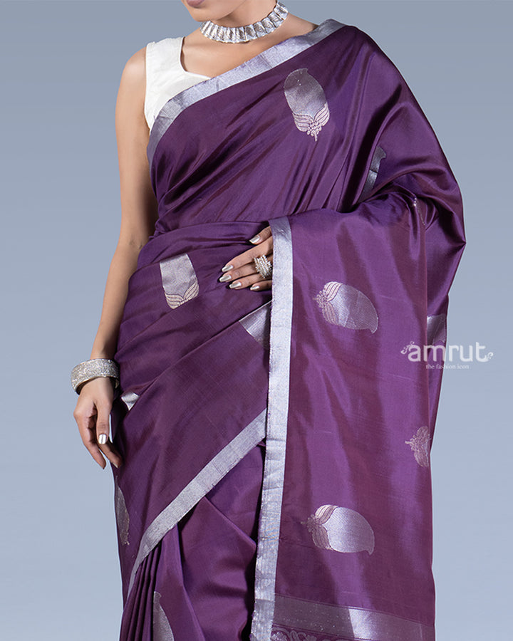 Deep Purple with Silver Zari Leaf Embroidery Saree with unstitched blouse