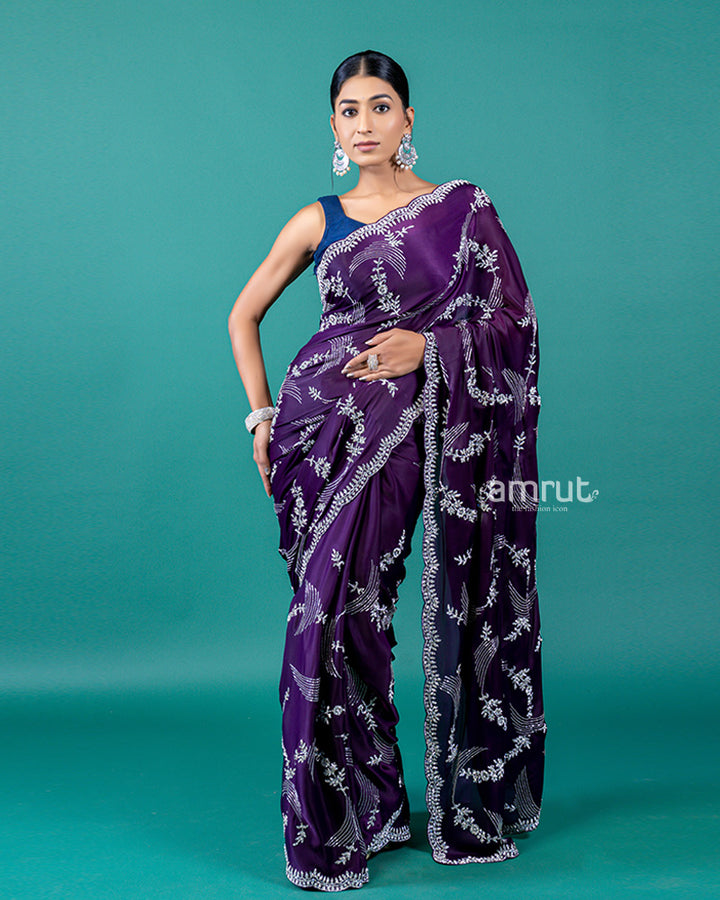 Dark Violet Satin Silk Saree with Zardozi Work and Unstitched Blouse