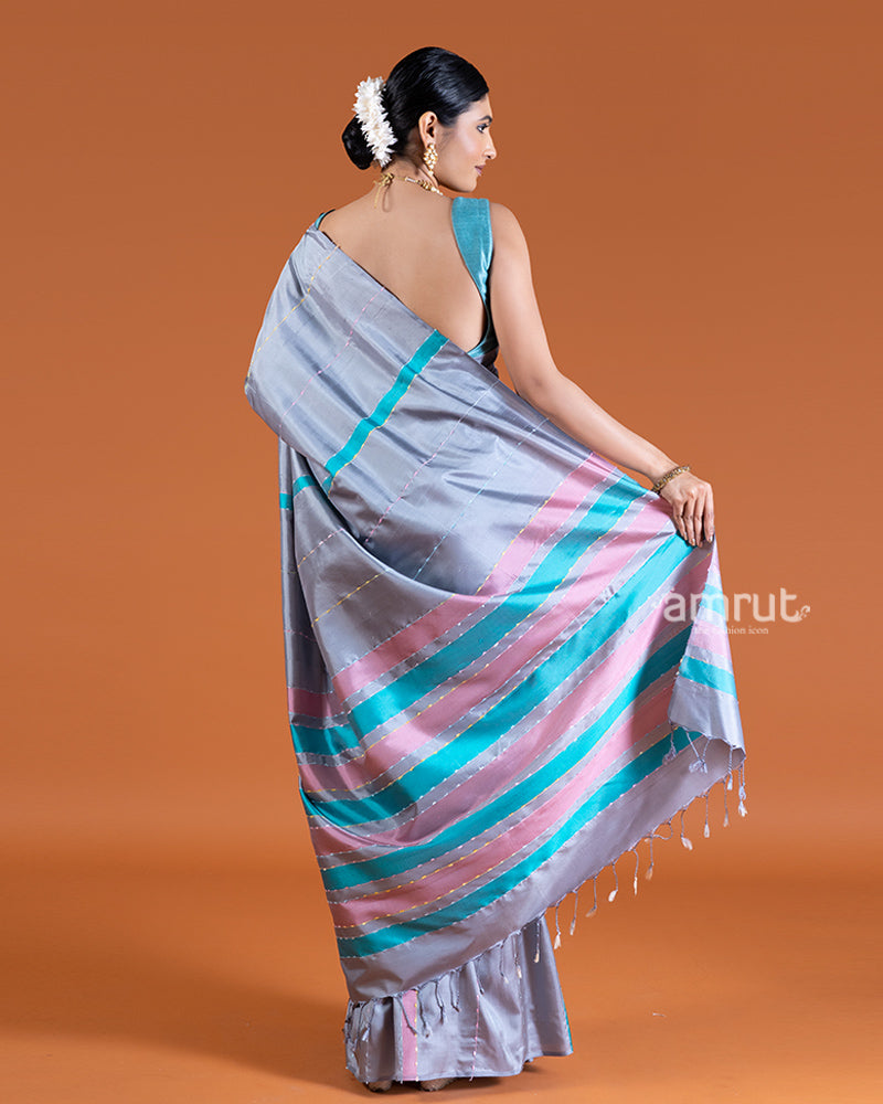 Light Gray with Teal and Dusty Rose Stripes Silk Saree with unstitched blouse