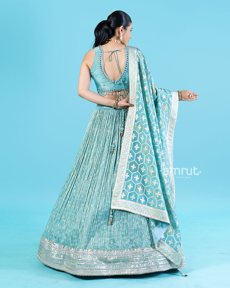 Teal Floral Embroidered Lehenga Choli with Hexagonal Pattern Dupatta