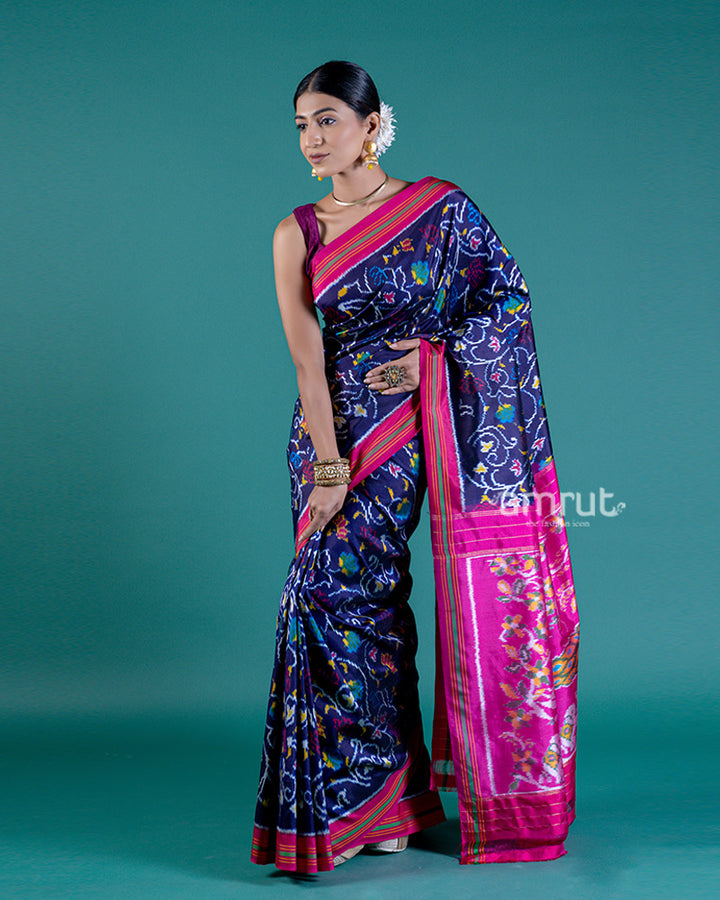 Navy Blue Ikat Patola Print Saree with Contrast Pink Pallu and Unstitched Blouse