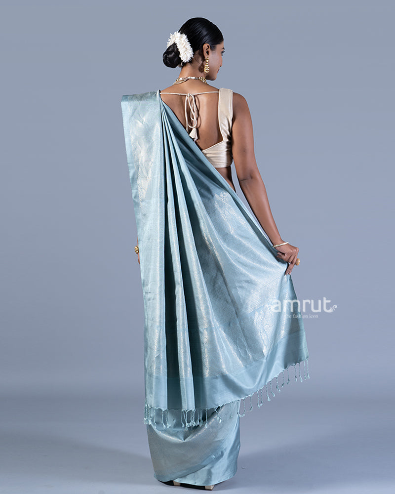 Grayish-Blue with Silver Zari Woven Embellished Silk Saree with unstitched blouse