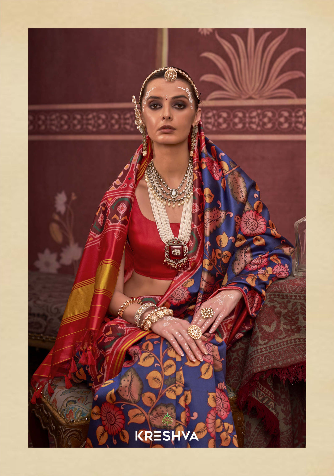 Royal Blue Patan Patola Silk Saree with Floral & Ikat Weave Detailing P77