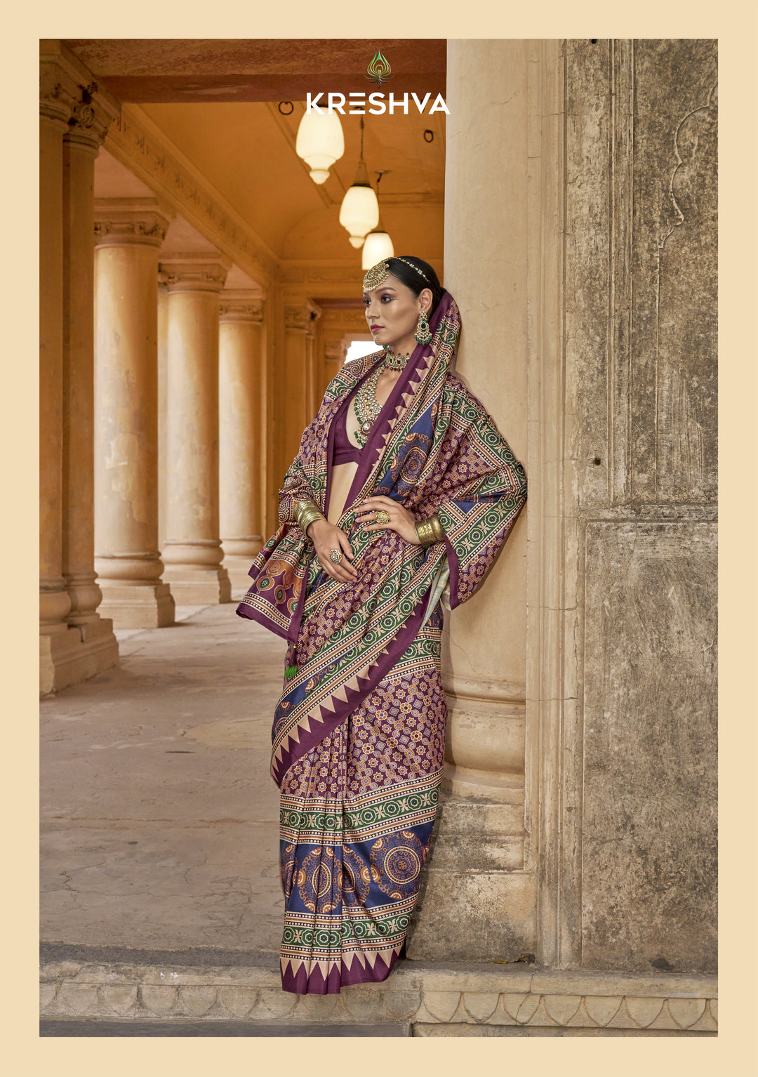 Royal Purple Ajrakh Printed Saree with Heritage Geometric Motifs