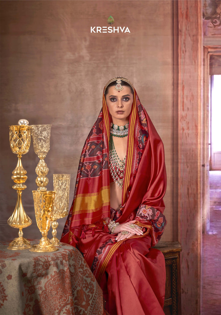 Rich Red Patan Traditional Soft Silk Saree with Black Ikat Border & Pallu P57