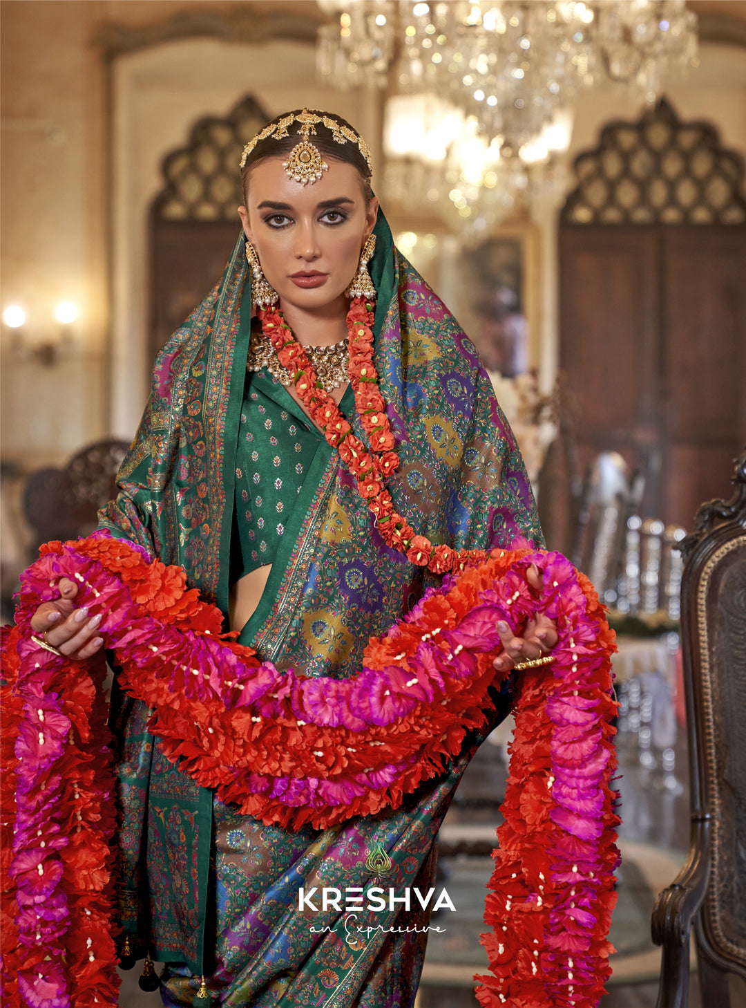 Emerald Green Pashmina Inspired Heritage Designer Saree