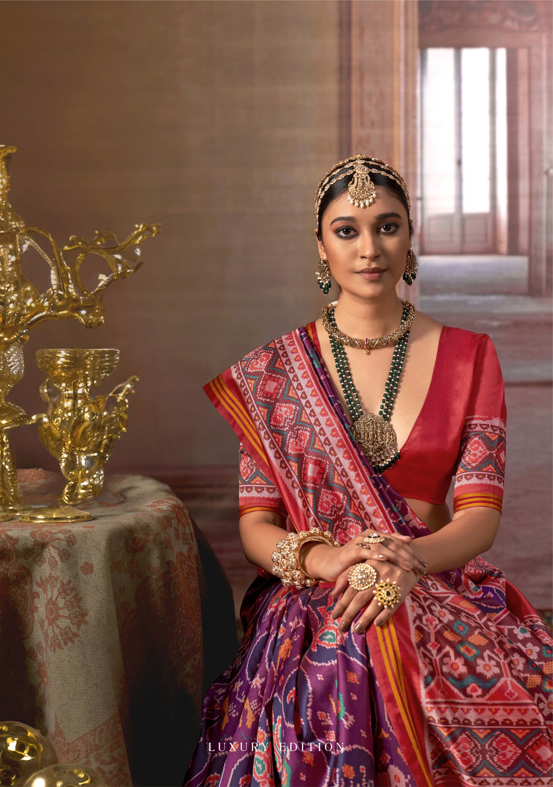 Purple Patan Patola Luxury Soft Silk Saree with Multicolour Traditional Ikat Weaving 40