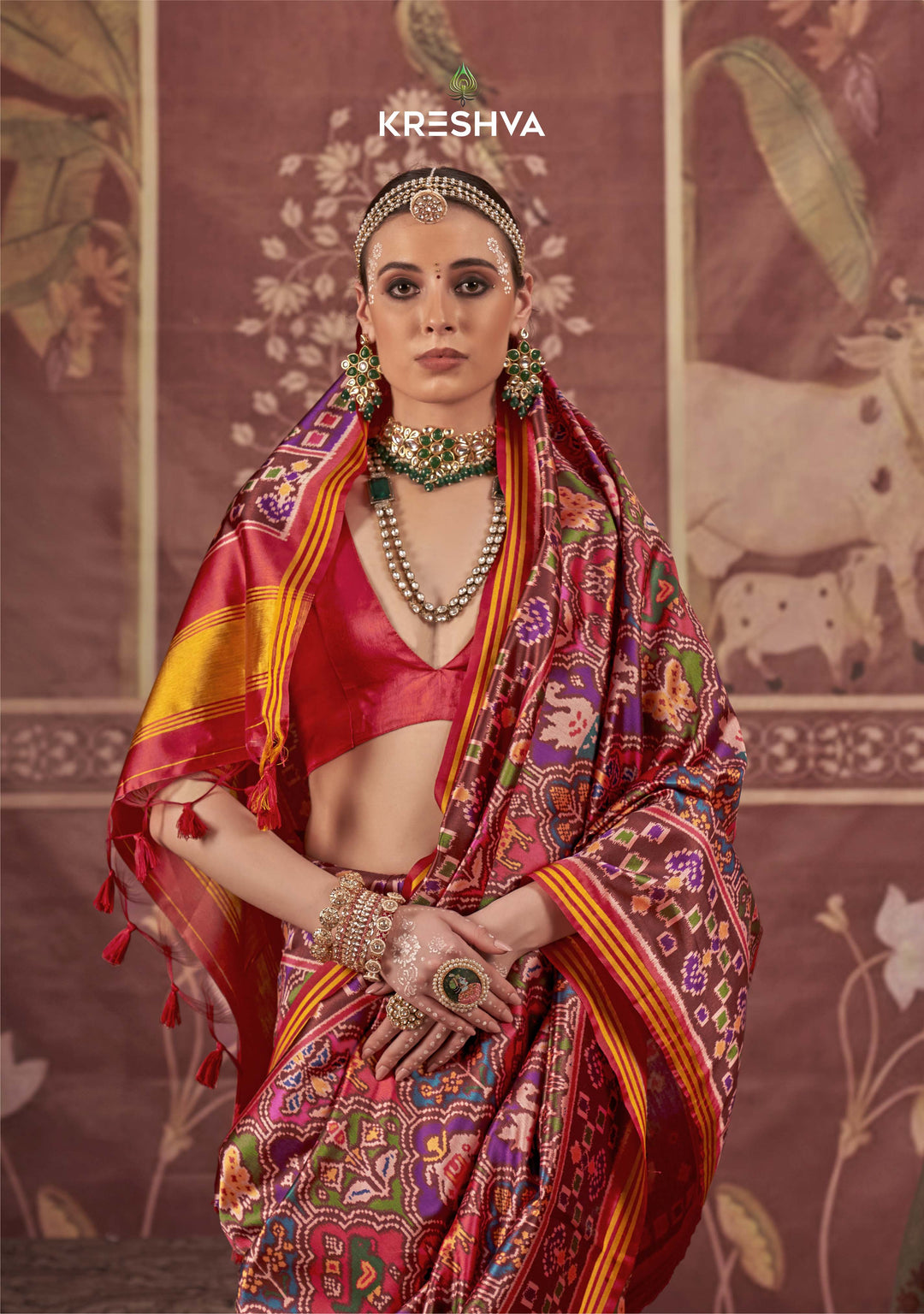 Wine Patan Patola Silk Saree with Multicolour Ikat Weave P44