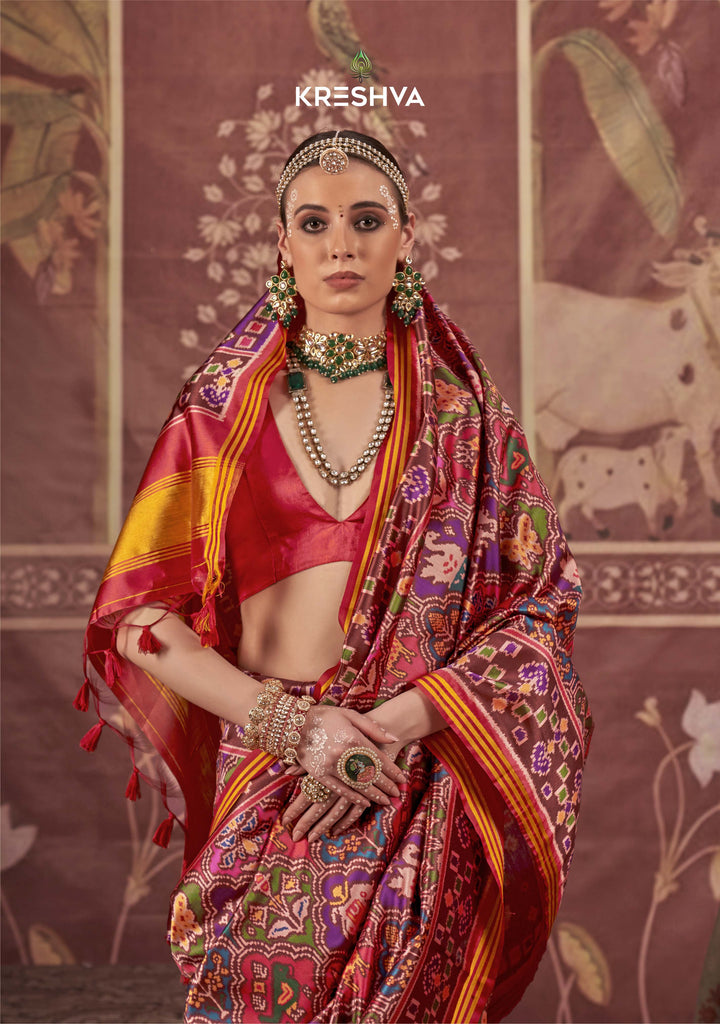 Wine Patan Patola Silk Saree with Multicolour Ikat Weave P44
