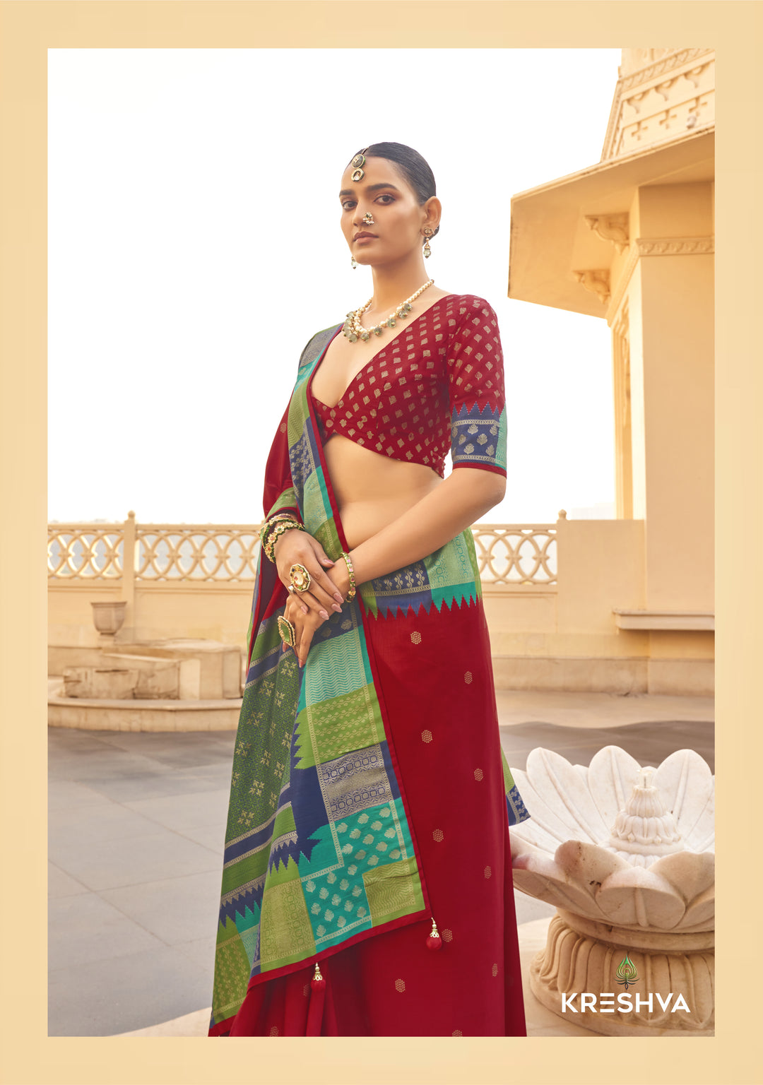 Brick Red Designer Silk Saree with Contrast Green & Blue Zari Border and Rich Traditional Pallu