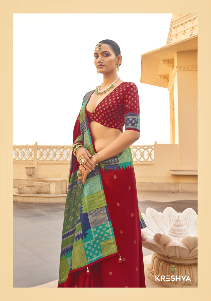 Brick Red Designer Silk Saree with Contrast Green & Blue Zari Border and Rich Traditional Pallu