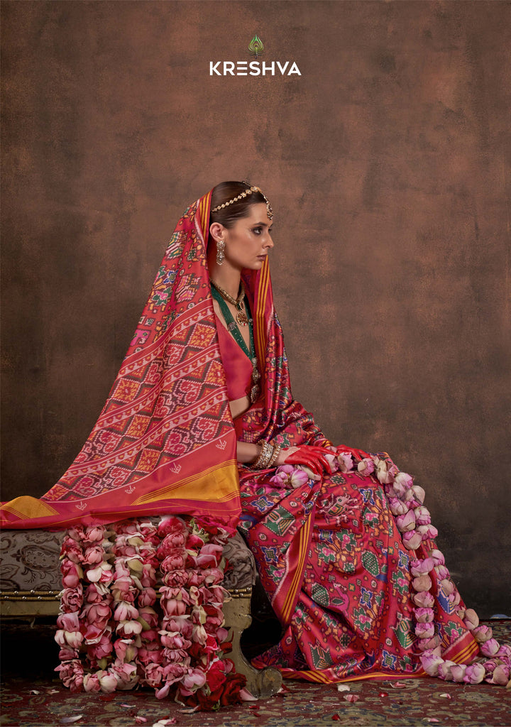 Red Patan Patola Silk Saree with Multicolour Ikat Motifs P83