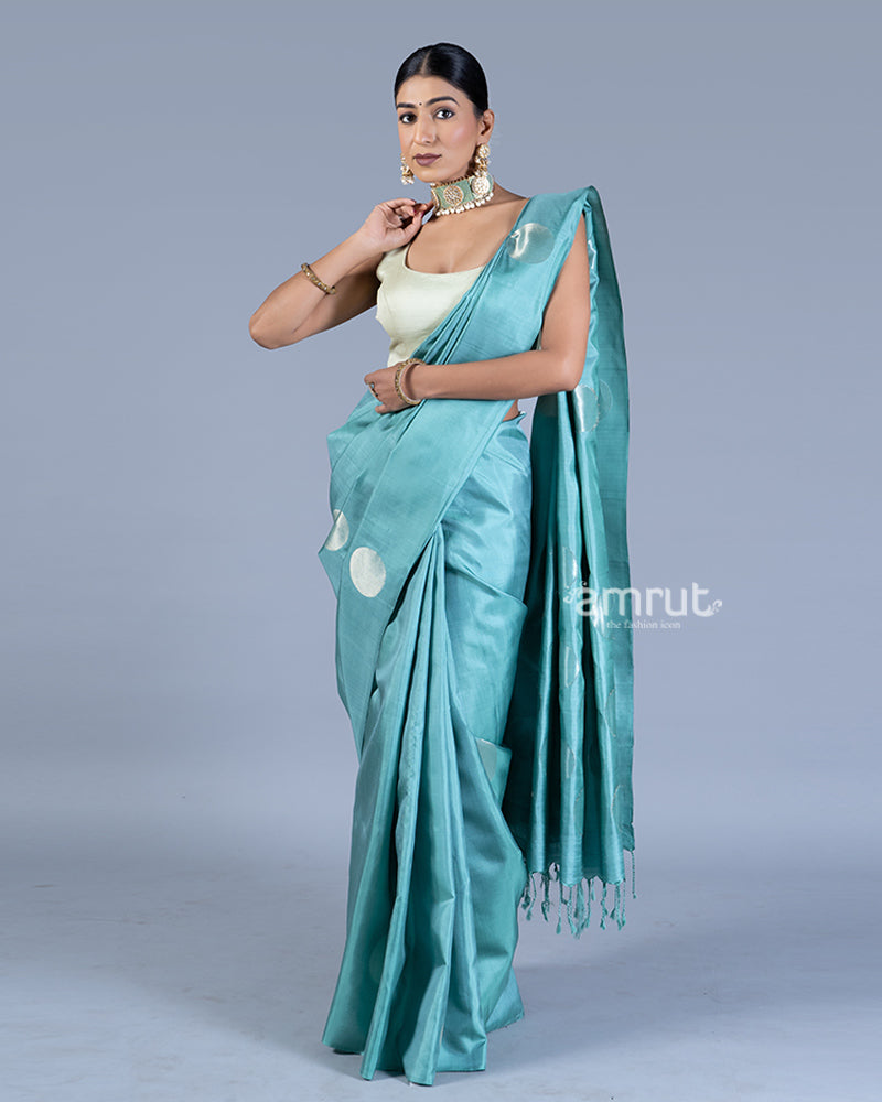 Blue Hosta Golden Circular Motifs Silk Saree with unstitched blouse