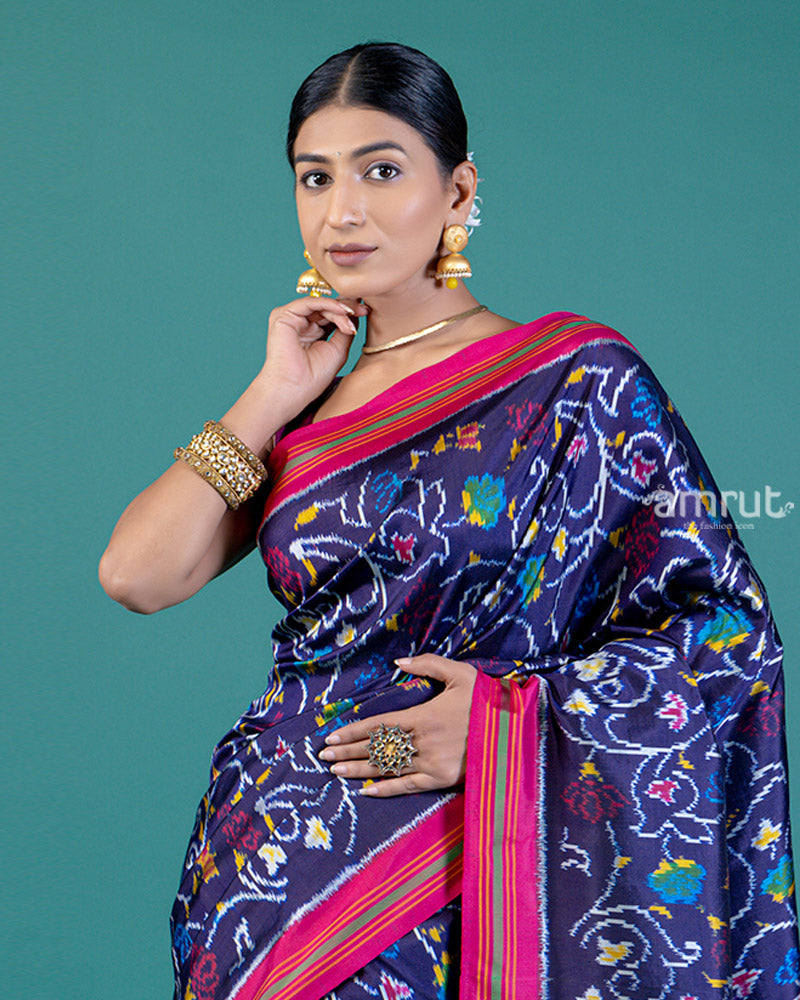 Navy Blue Ikat Patola Print Saree with Contrast Pink Pallu and Unstitched Blouse