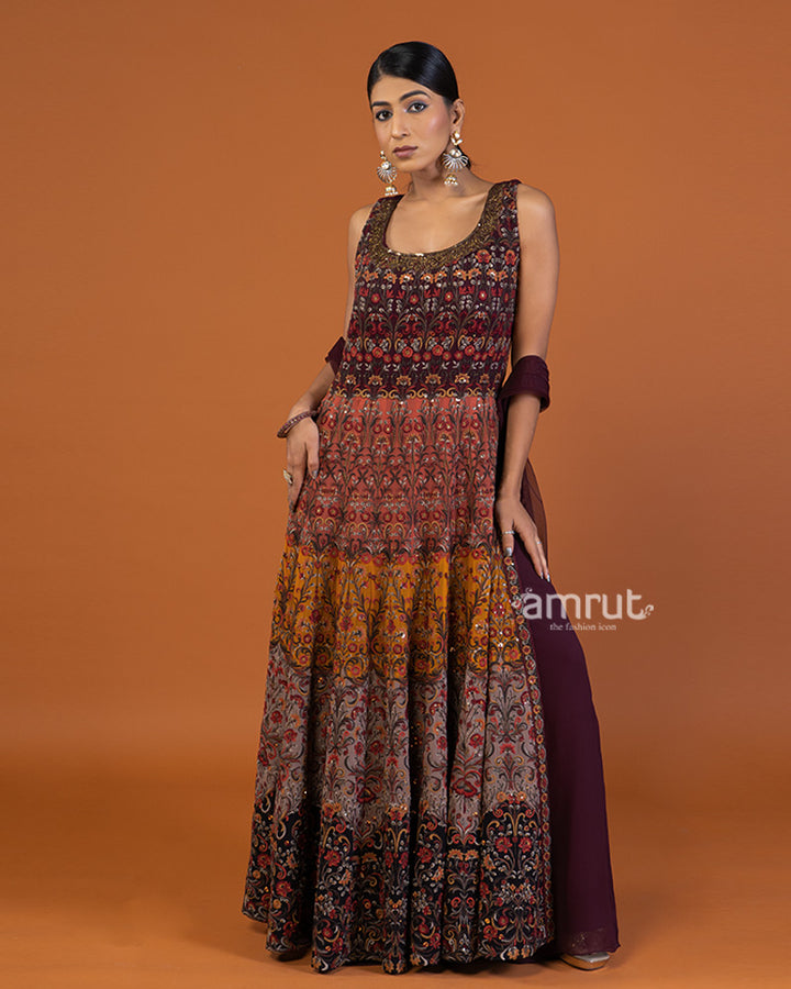 Maroon Floral Embroidered Kurti with Palazzo and Dupatta