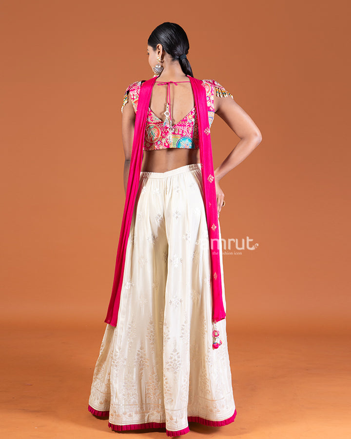 Magenta Crop Top with Embroidered Palazzo Pants and Choker Dupatta