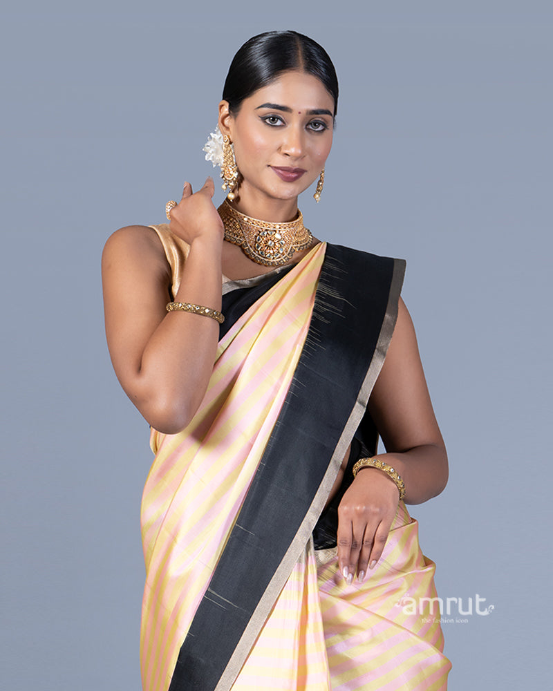 Light Peach with Black Borders and Striped Pattern Saree with Unstitched Blouse