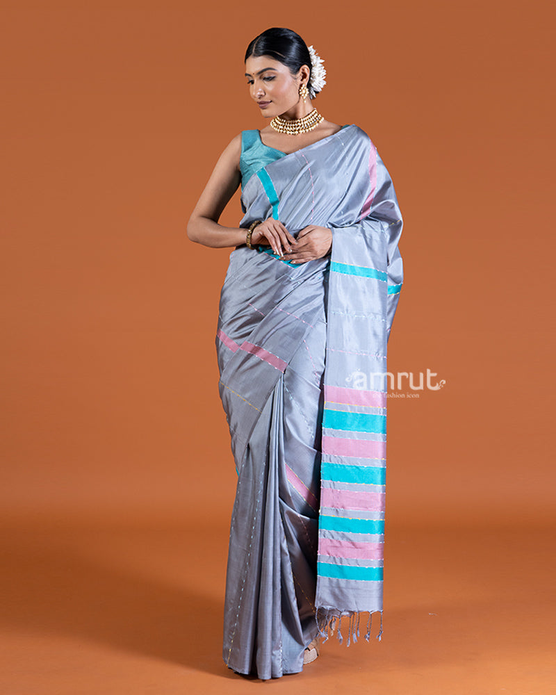 Light Gray with Teal and Dusty Rose Stripes Silk Saree with unstitched blouse