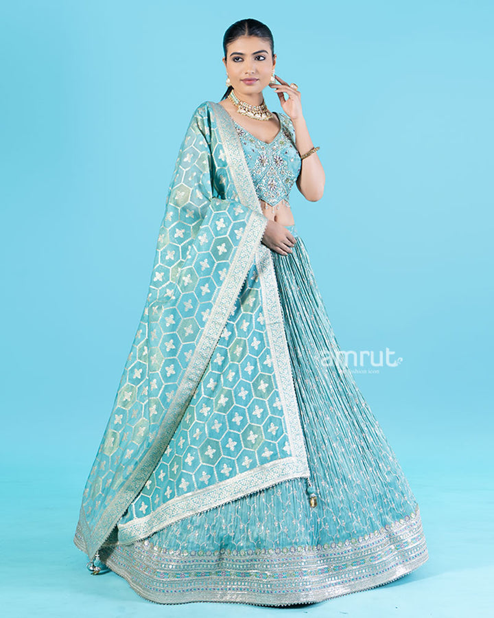 Teal Floral Embroidered Lehenga Choli with Hexagonal Pattern Dupatta