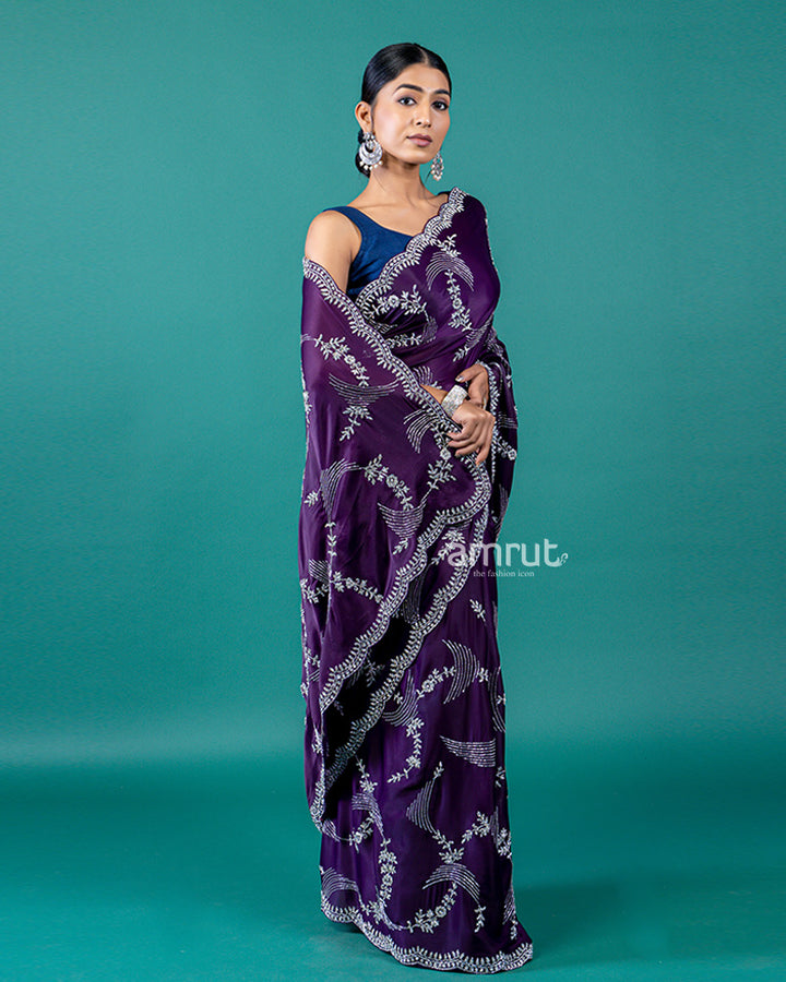 Dark Violet Satin Silk Saree with Zardozi Work and Unstitched Blouse