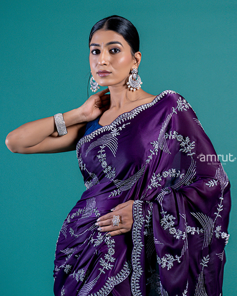 Dark Violet Satin Silk Saree with Zardozi Work and Unstitched Blouse