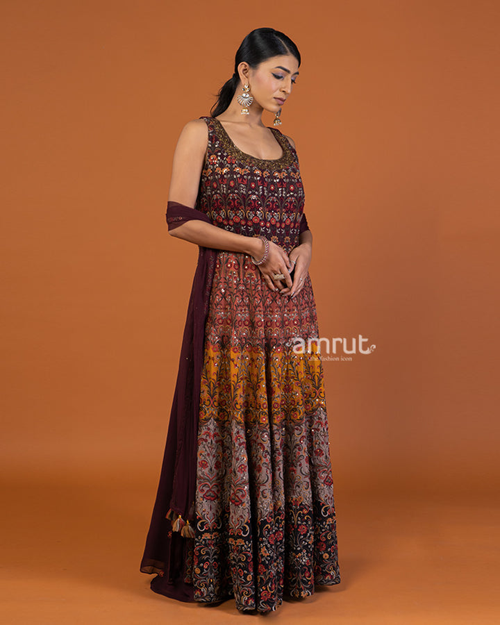 Maroon Floral Embroidered Kurti with Palazzo and Dupatta