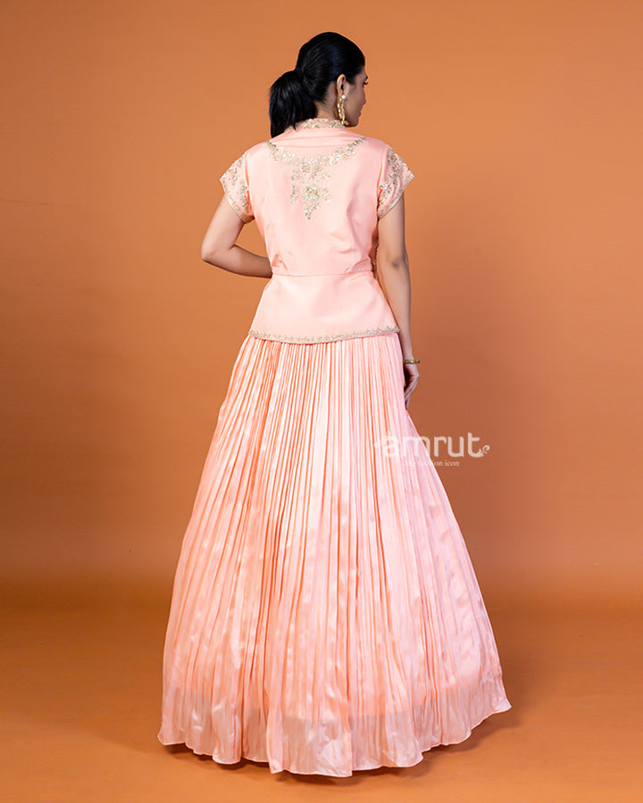 Peach- Pleated Lehenga And Embroidered Choli