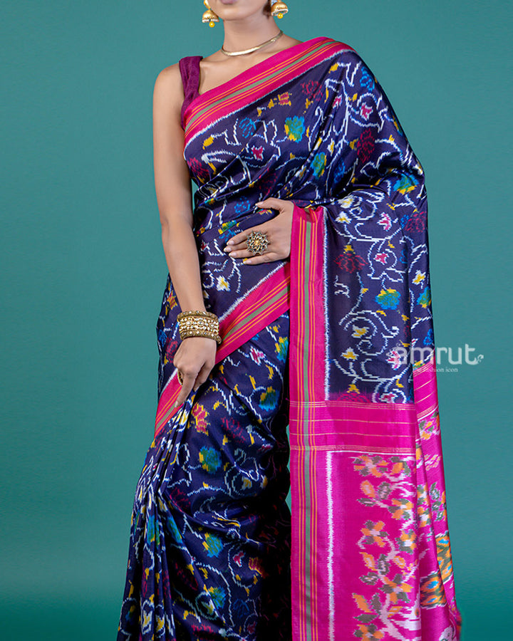 Navy Blue Ikat Patola Print Saree with Contrast Pink Pallu and Unstitched Blouse