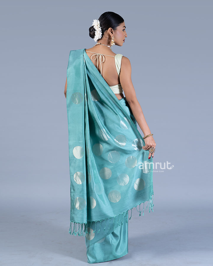 Blue Hosta Golden Circular Motifs Silk Saree with unstitched blouse