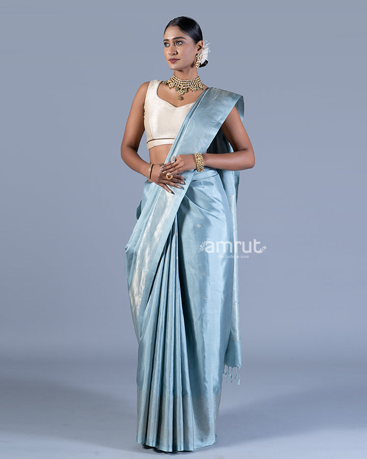 Grayish-Blue with Silver Zari Woven Embellished Silk Saree with unstitched blouse