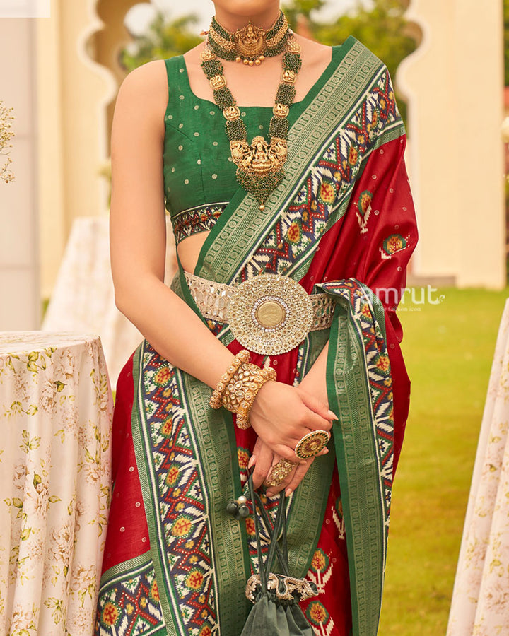 Red and Green Printed Patola Silk Saree with Zari Border and Unstitched Blouse