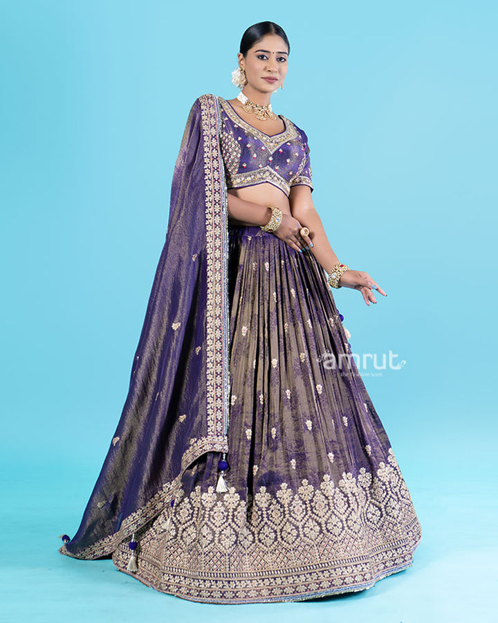 Purple Golden Floral Embroidered Lehenga Choli with Dupatta