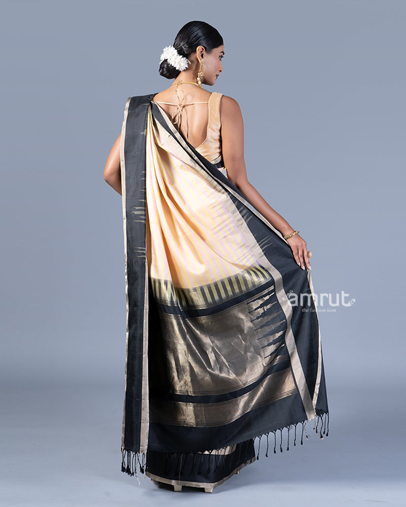 Light Peach with Black Borders and Striped Pattern Saree with Unstitched Blouse