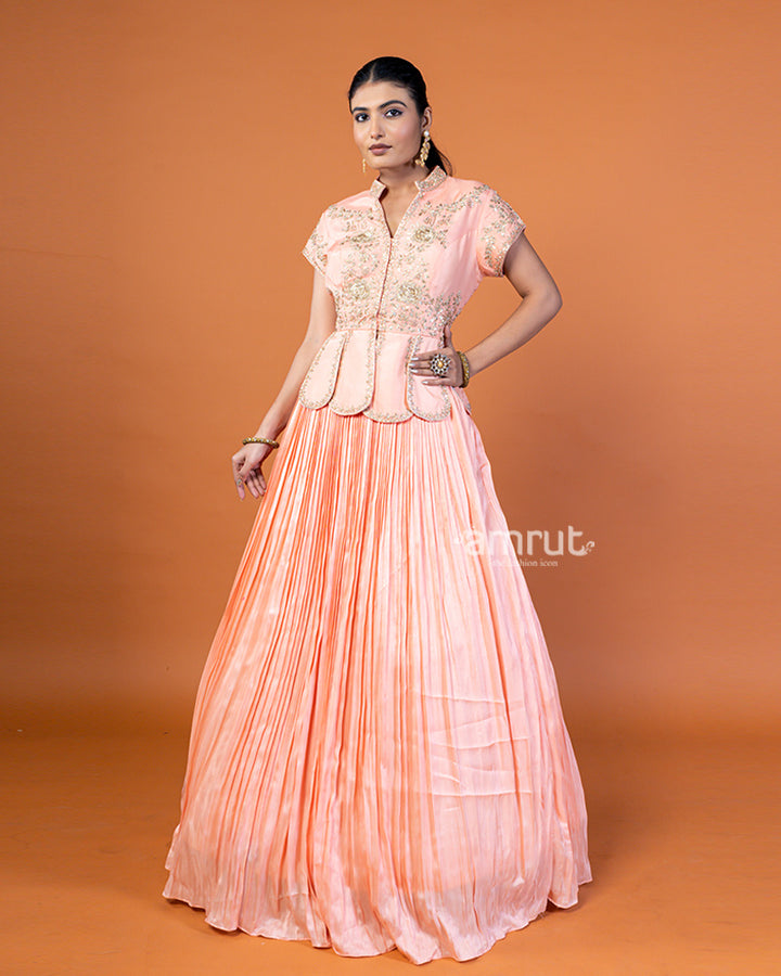 Peach- Pleated Lehenga And Embroidered Choli