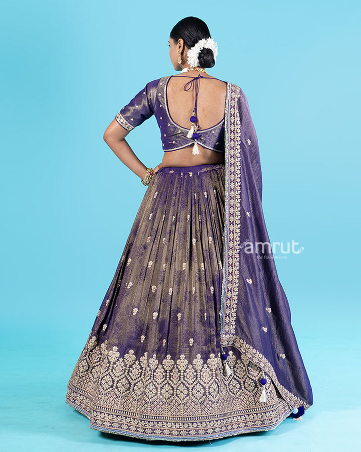 Purple Golden Floral Embroidered Lehenga Choli with Dupatta