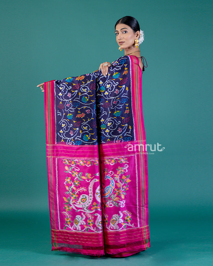 Navy Blue Ikat Patola Print Saree with Contrast Pink Pallu and Unstitched Blouse