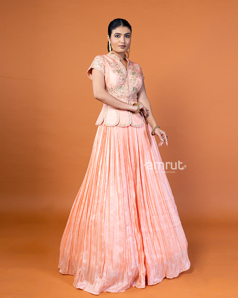 Peach- Pleated Lehenga And Embroidered Choli