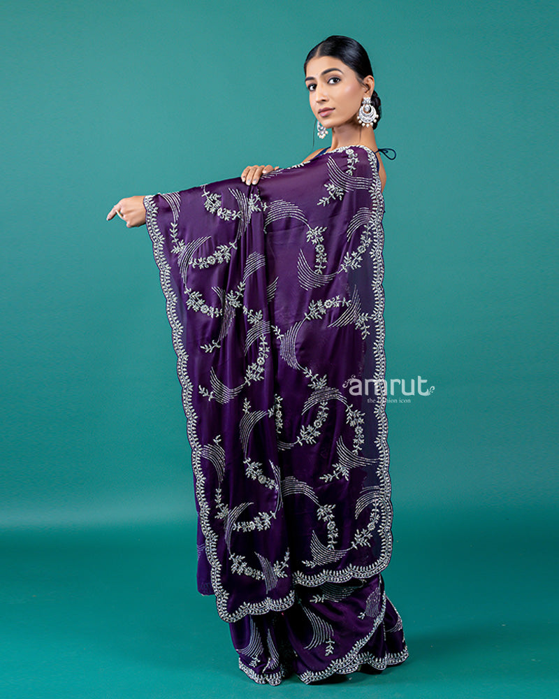 Dark Violet Satin Silk Saree with Zardozi Work and Unstitched Blouse