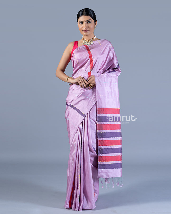 Lavender-Purple with Fringed Pallu & Decorative Stripes in Silk Sari with unstitched blouse