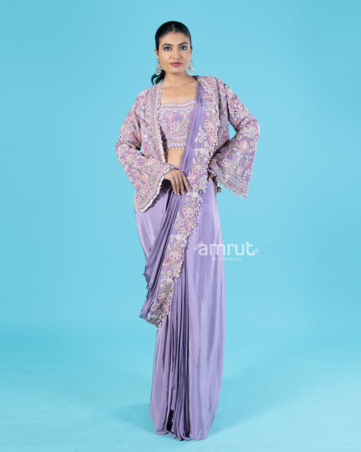 Lavender Ready to Wear Saree with Embroidered Blouse and Jacket