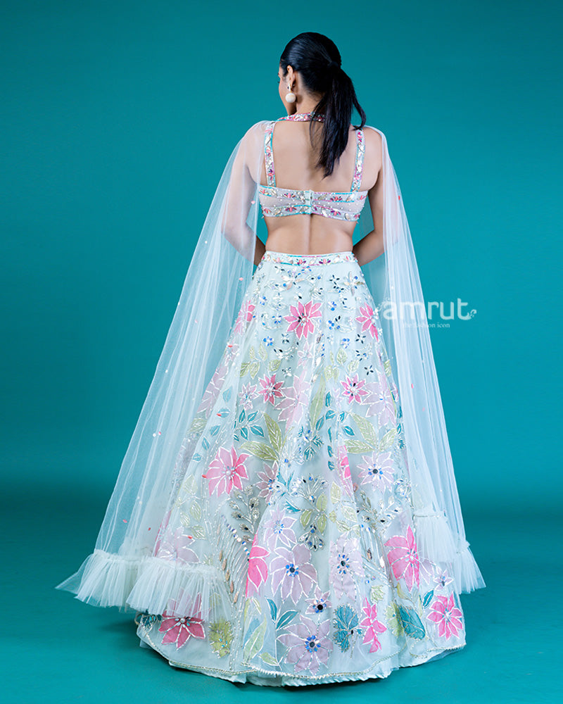 Embellished Jungle Mist Lehenga Choli with Floral Embroidery and Attached Dupatta