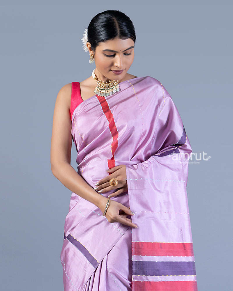 Lavender-Purple with Fringed Pallu & Decorative Stripes in Silk Sari with unstitched blouse